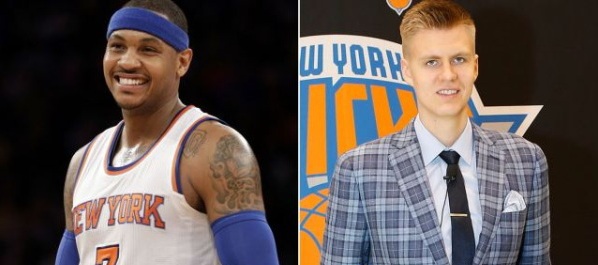 Novato Porzingis entrena su tiro de tres con Carmelo Anthony.